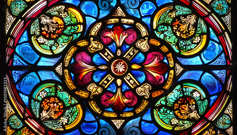 A vibrant stained glass design with intricate patterns and rich colors, resembling classic church or cathedral windows A vibrant stained glass design with intricate patterns and rich colors, resembling classic church or cathedral windows
