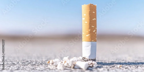 Close-Up of Broken Cigarette in Deserted Landscape with Blue Sky Promoting Quitting Smoking photo