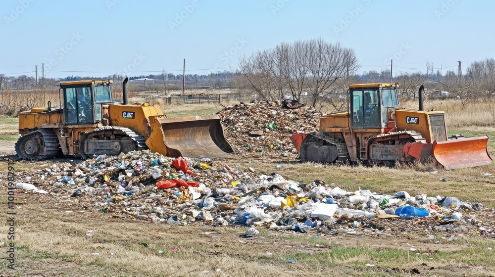Two bulldozers working at a landfill site, clearing and managing waste. Two bulldozers working at a landfill site, clearing and managing waste.