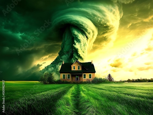 A massive thunderstorm building on the horizon, with thick clouds and heavy winds sweeping across the landscape, creating a foreboding atmosphere photo