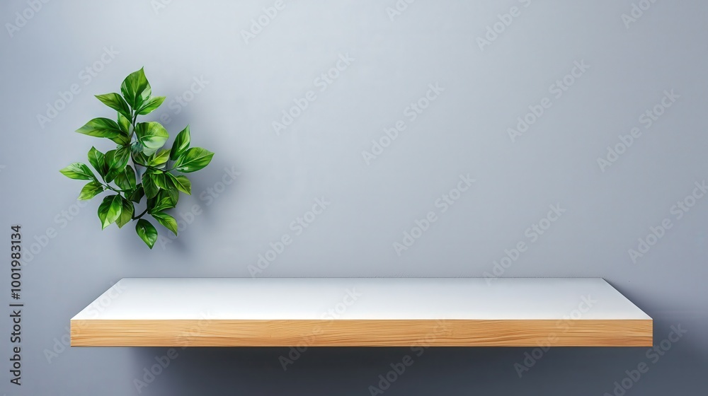 Obraz premium Minimalist White Shelf with Wood Frame and Green Plant on Grey Wall