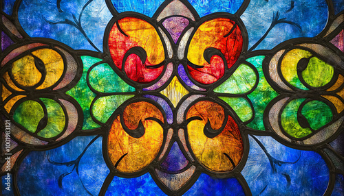 A vibrant stained glass design with intricate patterns and rich colors, resembling classic church or cathedral windows