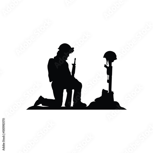 Vector Illustration of A silhouette of a soldier kneeling next to a machine gun.