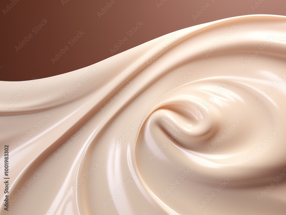 Close-up of creamy foundation flowing into abstract shape on soft brown background, smooth texture, glossy sheen, luxury beauty products, makeup essence. Close-up of creamy foundation flowing into abstract shape on soft brown background, smooth texture, glossy sheen, luxury beauty products, makeup essence.