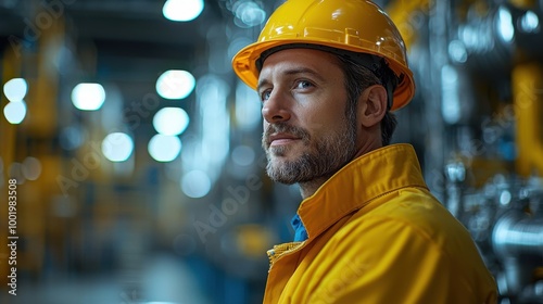 Construction worker in safety gear standing confidently in a modern industrial facility during daytime operation