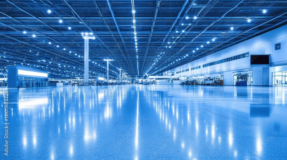 A large, empty, modern hall with a grid ceiling, light fixtures, and a reflective floor. A large, empty, modern hall with a grid ceiling, light fixtures, and a reflective floor.