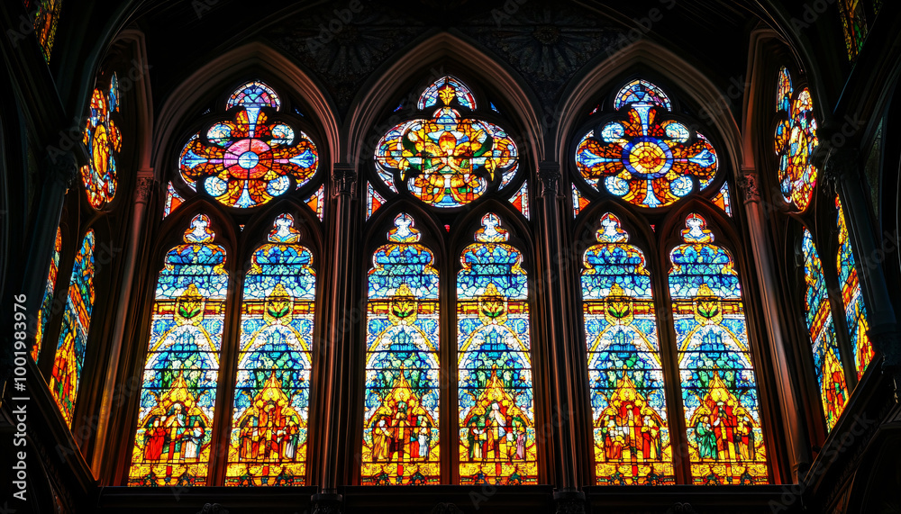 A vibrant stained glass design with intricate patterns and rich colors, resembling classic church or cathedral windows A vibrant stained glass design with intricate patterns and rich colors, resembling classic church or cathedral windows