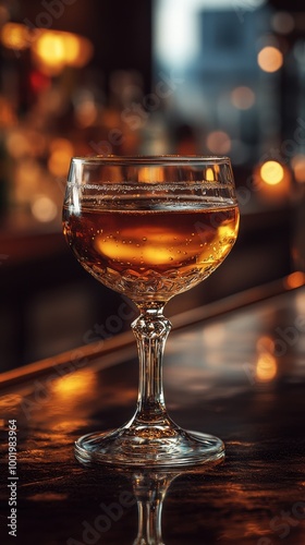 Elegant cocktail served in a vintage glass on a polished bar during a cozy evening, illuminated by warm ambient lights