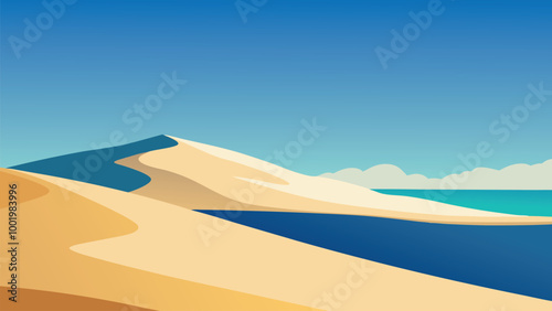 Beach scene featuring soft sand dunes adorned with lush green grass under a clear blue sky flat vector illustration