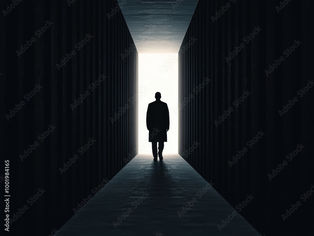 Silhouette of a person walking through a dark corridor Silhouette of a person walking through a dark corridor