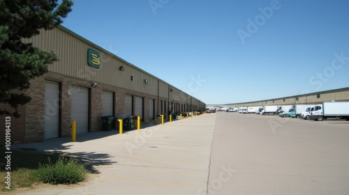 A row of industrial buildings with parking space and delivery vehicles.