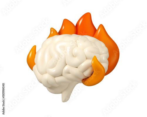 Brain in fire vector 3d emoji icon. Cartoon illustration of stress or burnout concept, isolated on white background. Mind disease, migraine or headache idea