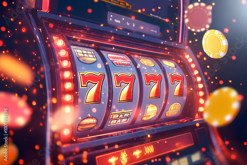 777 Jackpot one-armed bandit, gambling with slot machine and winnings