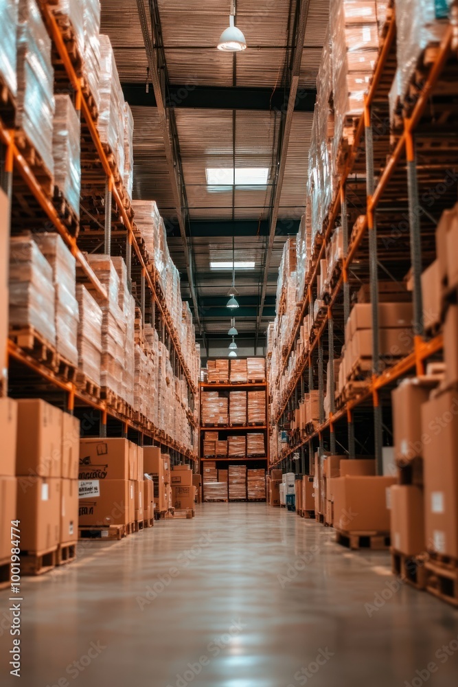 Fototapeta premium A spacious warehouse aisle filled with stacked boxes and pallets.