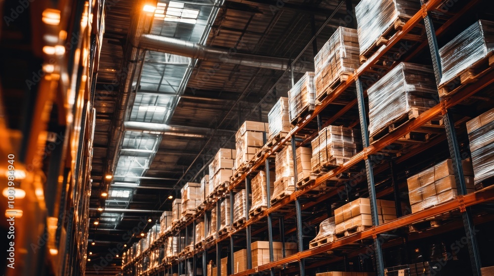 Fototapeta premium A view of a large warehouse with high shelves stacked with cardboard boxes.