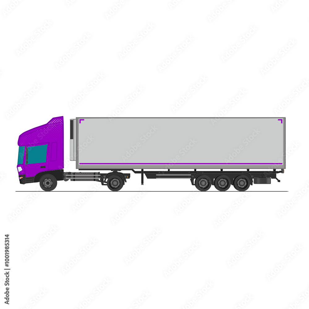 3D Isometric Cargo Truck Half Tone Vector Illustration Modern Violet Cabine and White Semi-Trailer Van 4x2 Design for Logistics and Transport Presentation Social Media Video Promo Left

