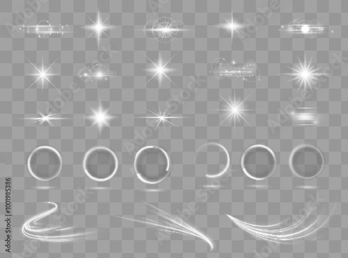 Vector light effects. Set of white light lens effects on transparent background. Transparent vector sunlight for web design and illustrations