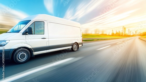 A white delivery van speeding on a highway with a city skyline in the background.