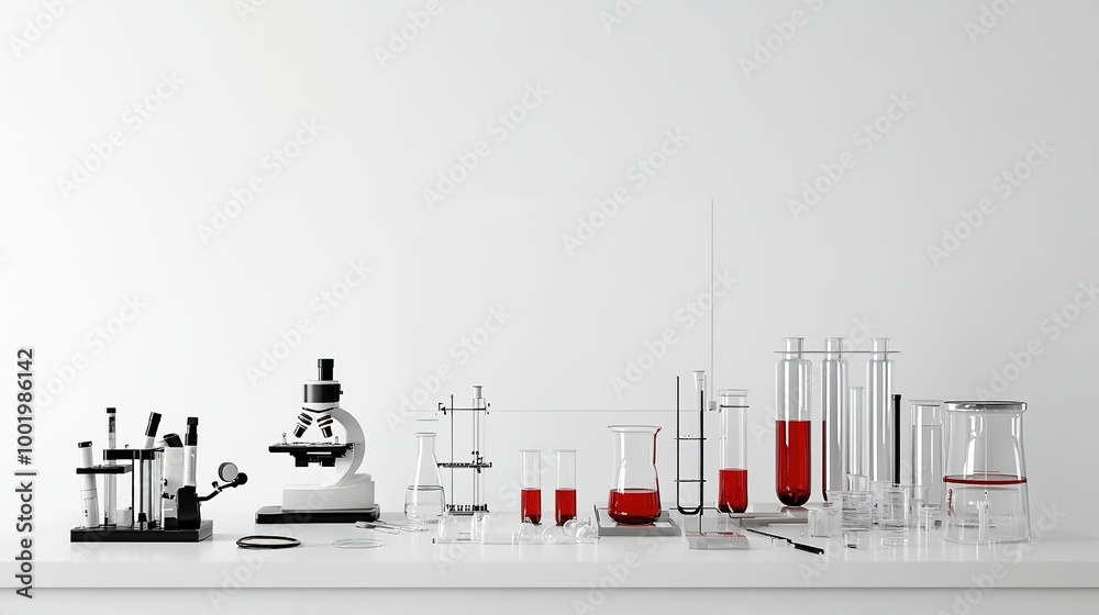 Fototapeta premium Glowing red warning sign with cancer cell illustration on white surface, surrounded by medical equipment and lab instruments, emphasizing health and safety awareness in scientific research environment