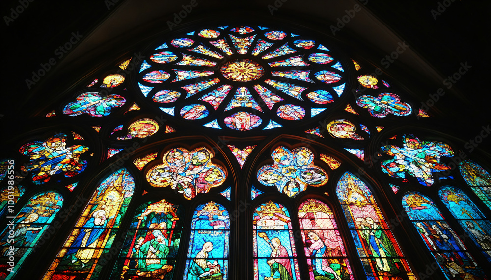 A vibrant stained glass design with intricate patterns and rich colors, resembling classic church or cathedral windows A vibrant stained glass design with intricate patterns and rich colors, resembling classic church or cathedral windows