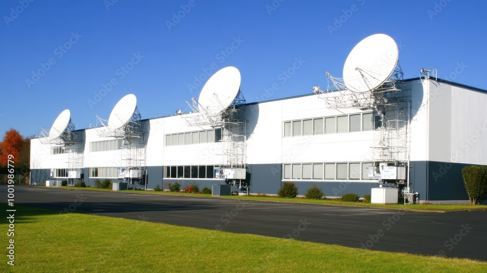 A modern building with satellite dishes for communication purposes. A modern building with satellite dishes for communication purposes.