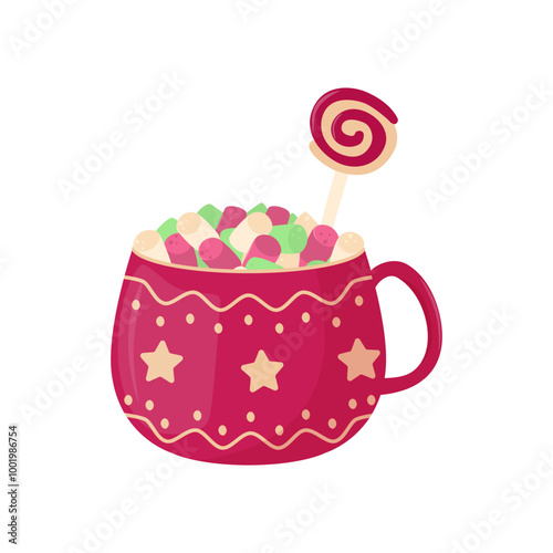 Red cup with marshmallows and caramel. Cozy winter drink.