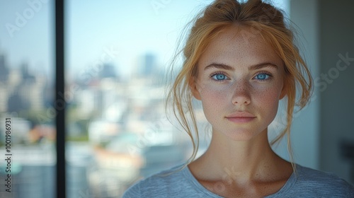 Young woman with blue eyes and light hair poses thoughtfully against a city skyline backdrop in bright daylight