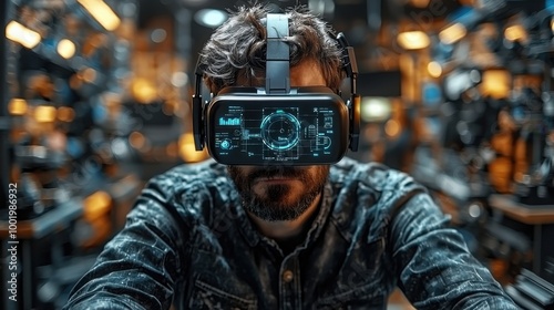 A person engages in virtual reality gaming while wearing a headset in a tech-filled room during the evening