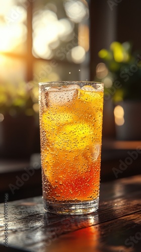 Refreshing iced beverage with ice cubes captured during golden hour in a cozy setting