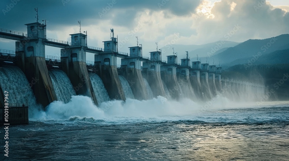 Water Flow at Hydroelectric Dam Under Cloudy Sky Water Flow at Hydroelectric Dam Under Cloudy Sky