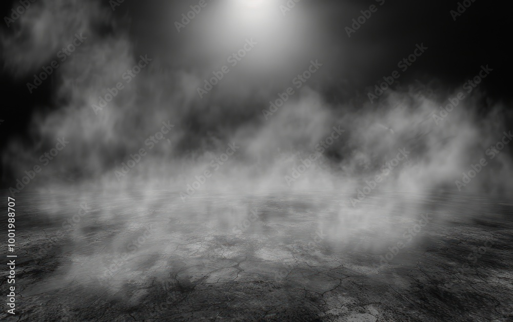 Fototapeta premium Foggy landscape on cracked ground with bright light above. Misty atmosphere in monochrome. Abstract natural scene for design and print.