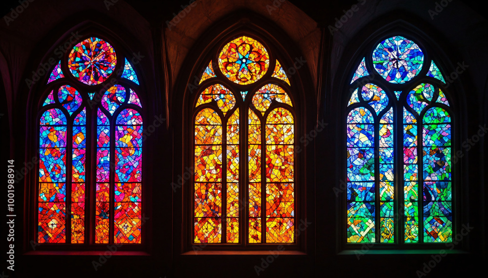 Fototapeta premium A vibrant stained glass design with intricate patterns and rich colors, resembling classic church or cathedral windows