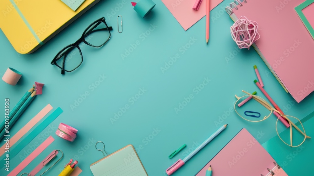 Colorful Office Supplies on Vibrant Background Colorful Office Supplies on Vibrant Background