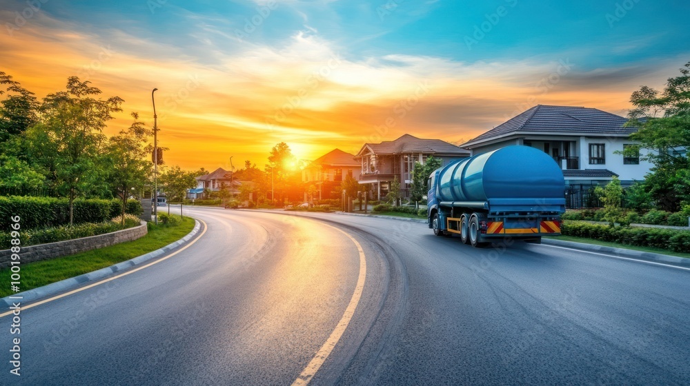 A scenic road with a water truck under a colorful sunset. A scenic road with a water truck under a colorful sunset.