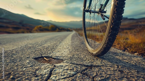 Bike Wheel on Scenic Road at Sunset