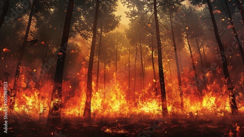 Intense Flames Consume Forest in Dramatic Fire Scene