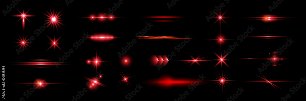 Red light effect reflections, neon illumination in red colors. Bright light lens. Police light effects, lines. Shiny stars, glowing sparks on a black background.