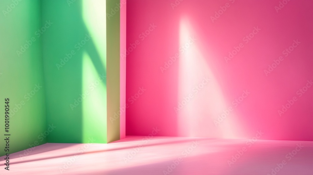 Modern Pastel Studio with Soft Light Beams and Vibrant Color Contrast - Wide Low-Angle View Modern Pastel Studio with Soft Light Beams and Vibrant Color Contrast - Wide Low-Angle View