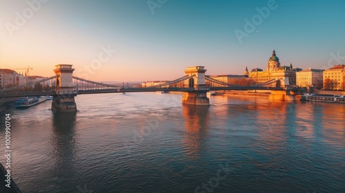 Serene Sunrise Over Chain Bridge in Budapest