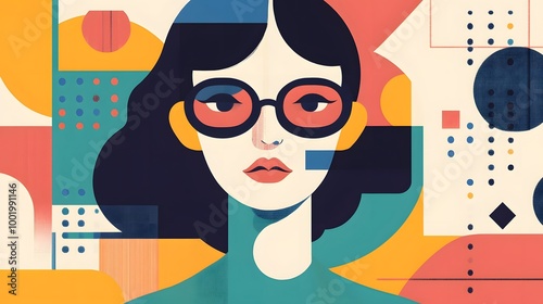 Bold and Bright: A stylish woman with a piercing gaze, framed by bold geometric shapes in vibrant colors, creates a striking and contemporary visual.