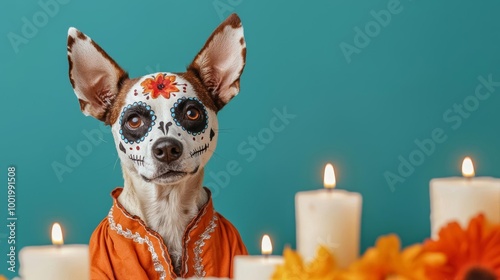 Dog in a mariachi outfit with sugar skull face paint, sitting next to a Day of the Dead altar filled with candles