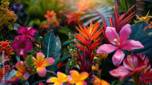 Vibrant Tropical Flowers in Lush Garden Setting