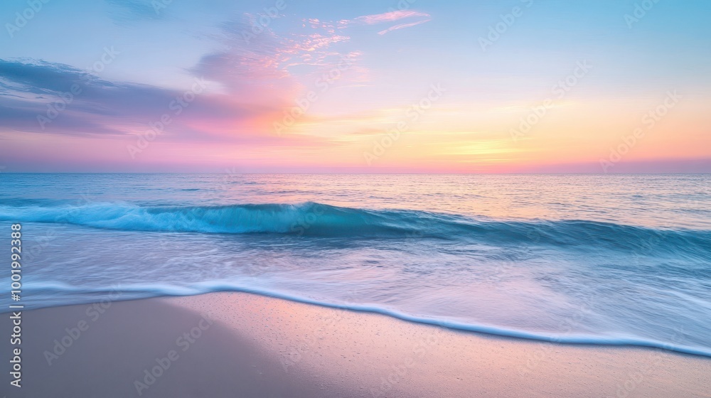 The calm ocean gently meets the shore at sunrise, painting the sky with soft pastel colors The calm ocean gently meets the shore at sunrise, painting the sky with soft pastel colors