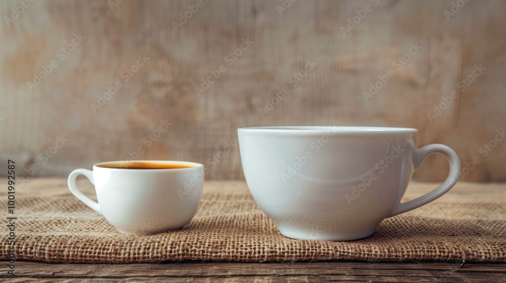 Different Sizes of White Coffee Cups on Wooden Table Different Sizes of White Coffee Cups on Wooden Table