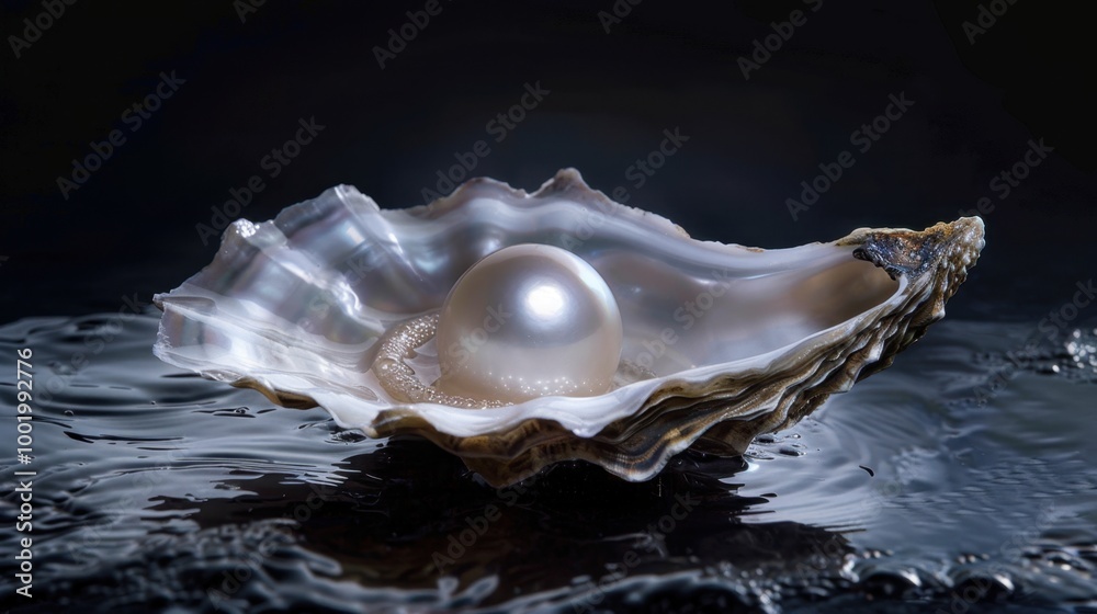 Elegant Pearl in Open Shell on Dark Water Background Elegant Pearl in Open Shell on Dark Water Background