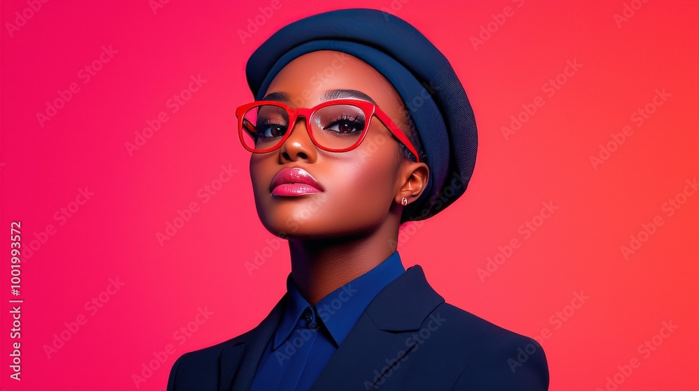 Stylish Woman in Red Glasses and Beret on a Pink Background Stylish Woman in Red Glasses and Beret on a Pink Background