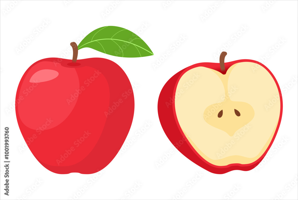 whole and half sliced red apple vector illustration, healthy sweet fruits whole and half sliced red apple vector illustration, healthy sweet fruits