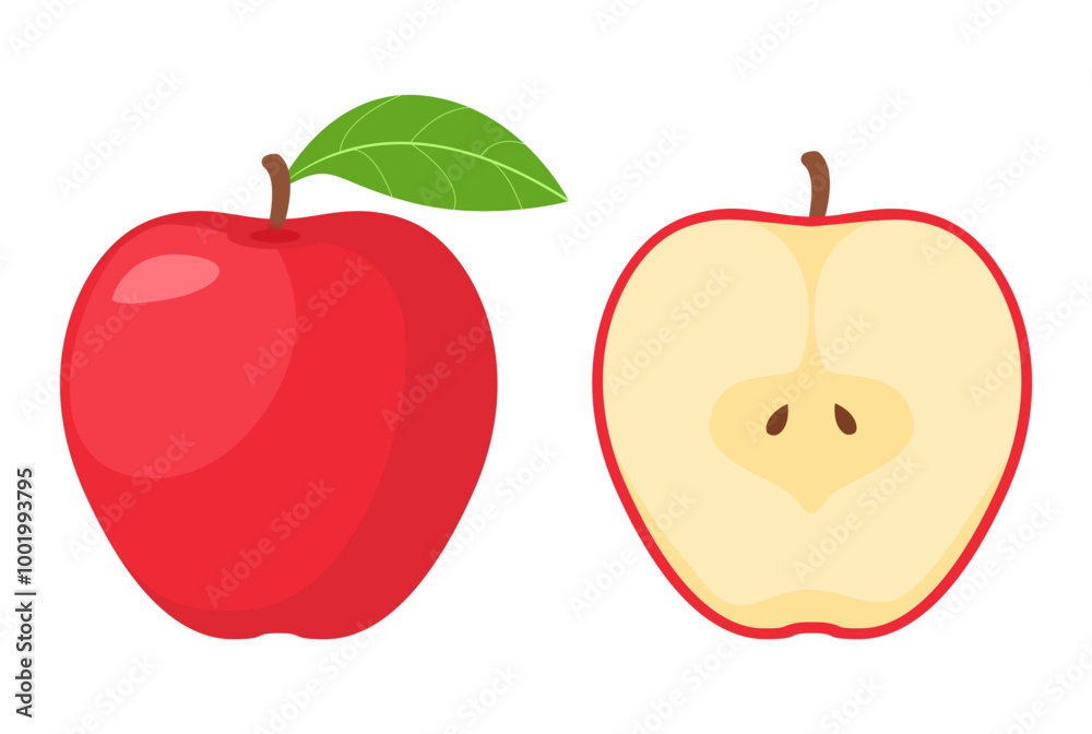 whole and half sliced red apple vector illustration, healthy sweet fruits whole and half sliced red apple vector illustration, healthy sweet fruits