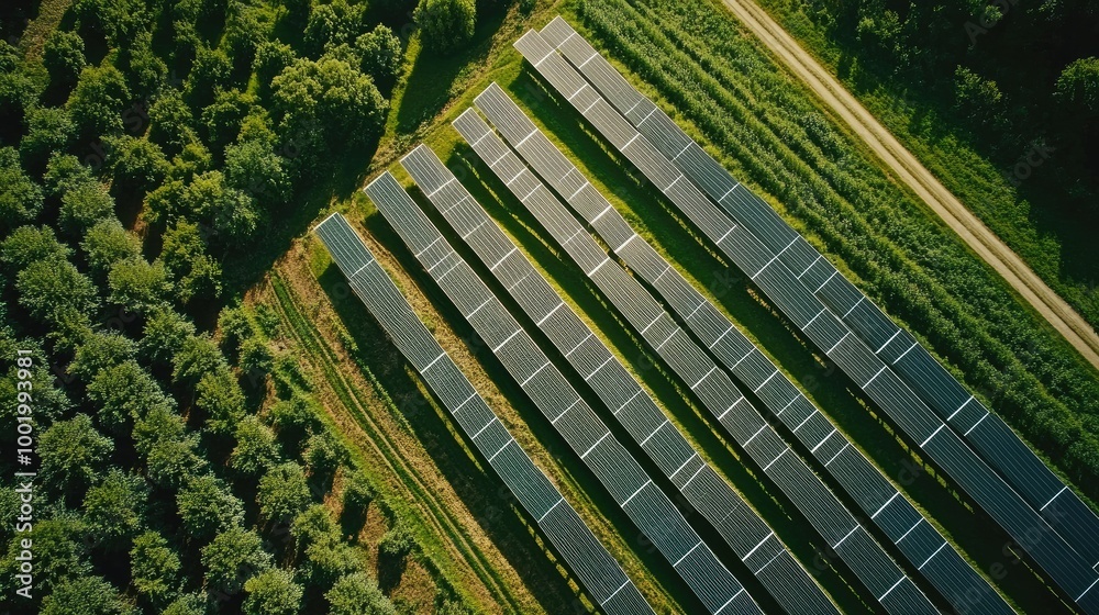 Aerial view of a sprawling solar farm with panels reflecting sunlight in a lush green landscape, showcasing cutting-edge renewable energy Aerial view of a sprawling solar farm with panels reflecting sunlight in a lush green landscape, showcasing cutting-edge renewable energy