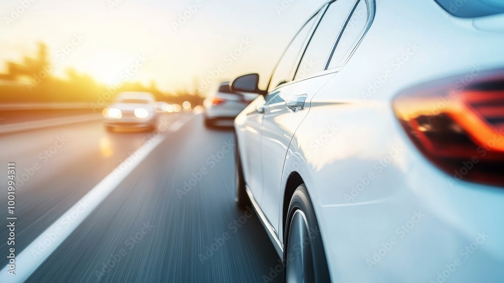 Fototapeta premium White sedan driving on a highway during sunset with blurred background and warm natural light, showcasing motion and speed
